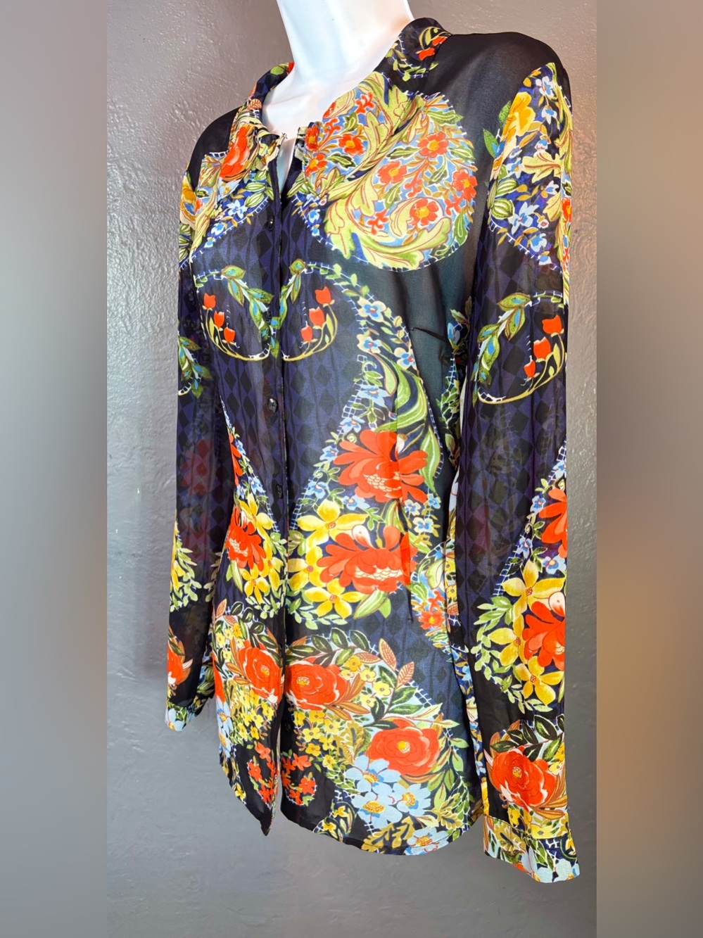 CAbi "Amour" Sheer Floral Button-Up Blouse Size Large - Picture 3 of 14
